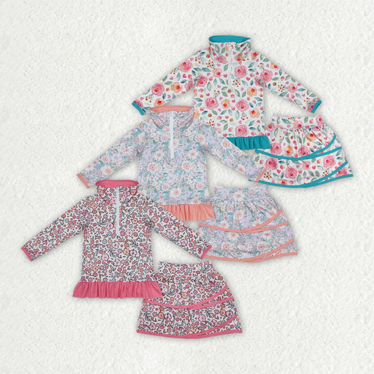 11.14 RTS Sibling Baby Girls Flowers Zip Top Skirt Ruffle Skort Bottoms Sets