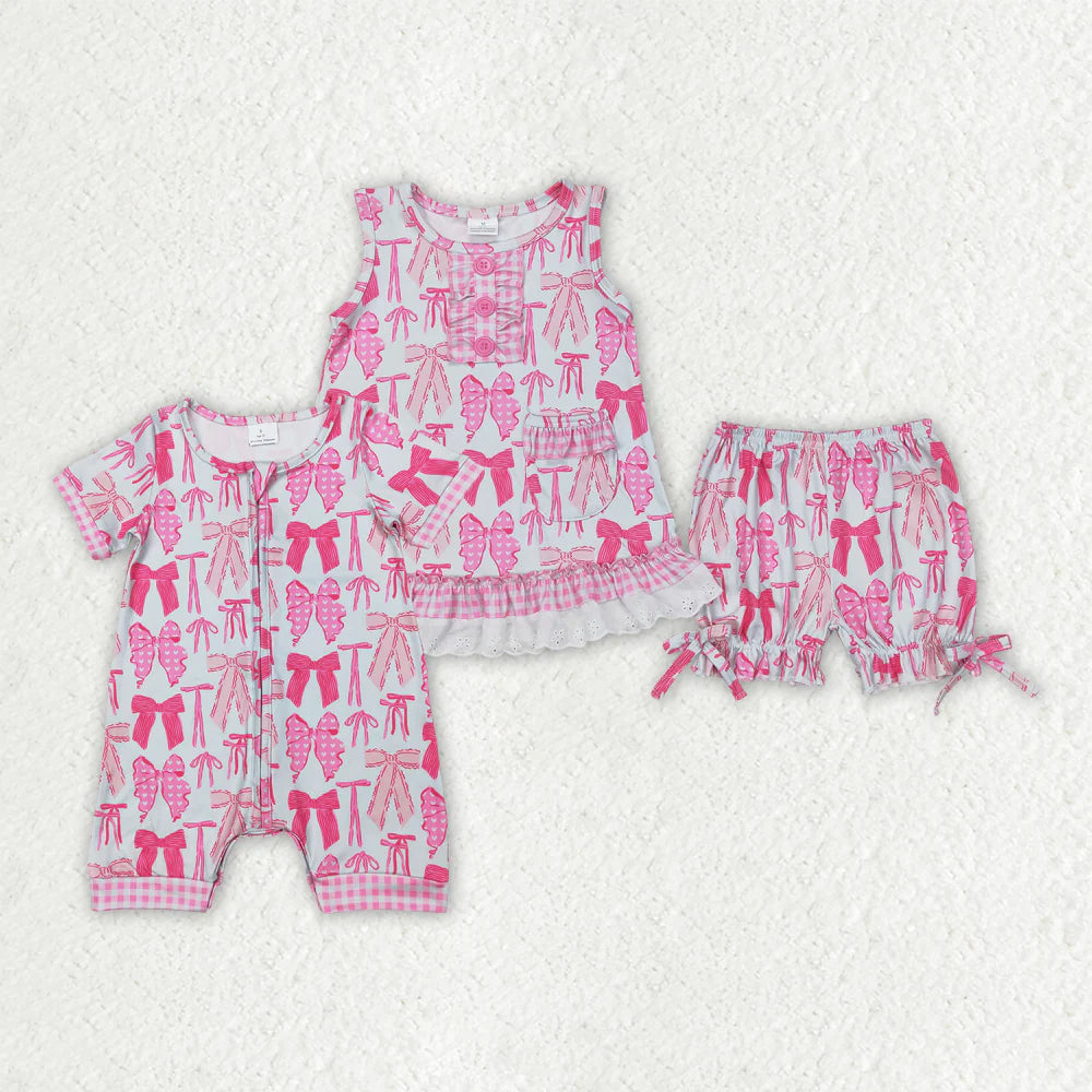 12.1 RTS Sibling Baby Girls Pink Bows Rompers Outfits Sets