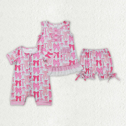 12.1 RTS Sibling Baby Girls Pink Bows Rompers Outfits Sets