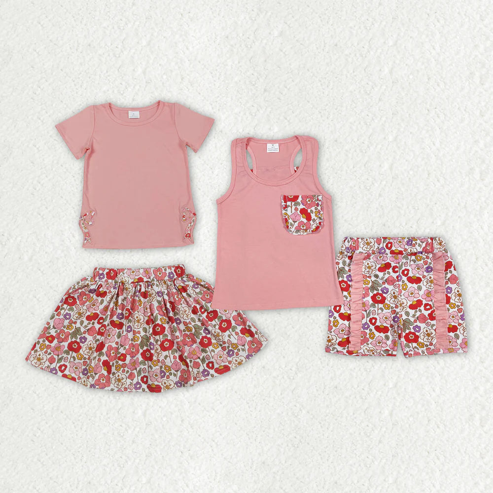 12.15 RTS Sibling Baby Girls Coral Flowers Skort Clothes Sets
