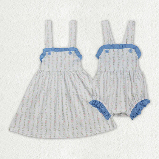 12.20 RTS Sibling Baby Girls Flowers Leaves Ruffle Rompers Dresses