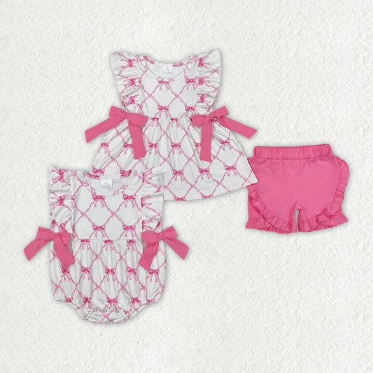 1.14 RTS Sibling Sister Baby Girls Pink Bows Tunic Ruffle Shorts Rompers Clothes Sets