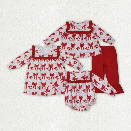 10.3 RTS Sibling Baby Girls Christmas Red Santa Bows Rompers Dresses Outfits