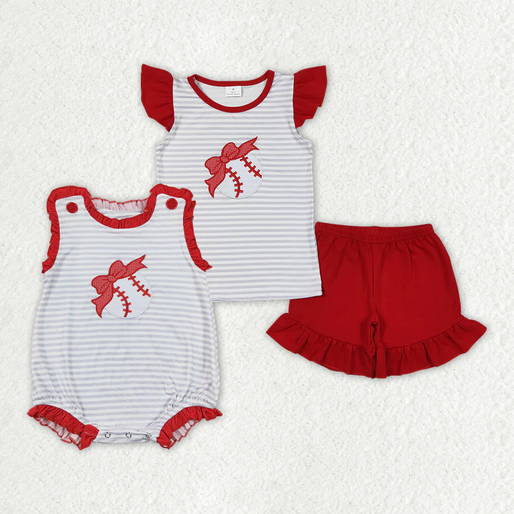 12.10 RTS Sibling Baby Girls Bow Baseball Rompers Clothes Sets