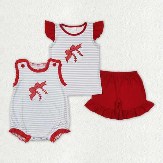 12.10 RTS Sibling Baby Girls Bow Baseball Rompers Clothes Sets