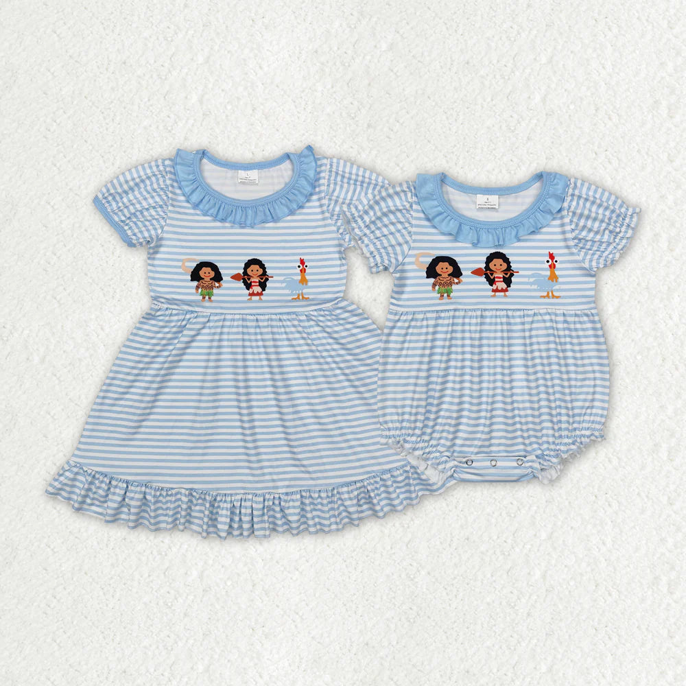 12.13 RTS Sibling Baby Girls Blue Stripes Princess Rompers Dresses