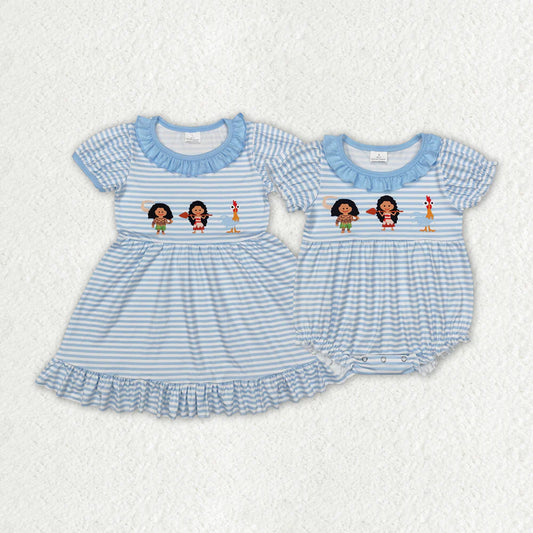 12.13 RTS Sibling Baby Girls Blue Stripes Princess Rompers Dresses