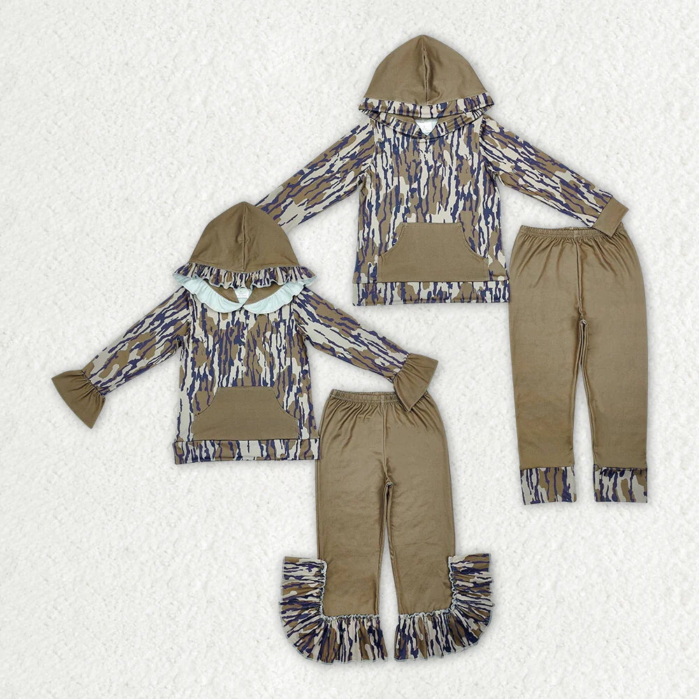 1.20 RTS Sibling Baby Girls Boys Bottomland Camo Hooded Top Pants Clothes Sets