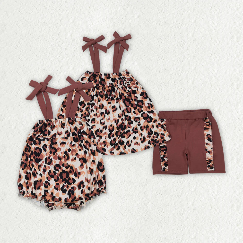 11.27 RTS Sibling Baby Girls Brown Bows Strap Leopard Rompers Outfits