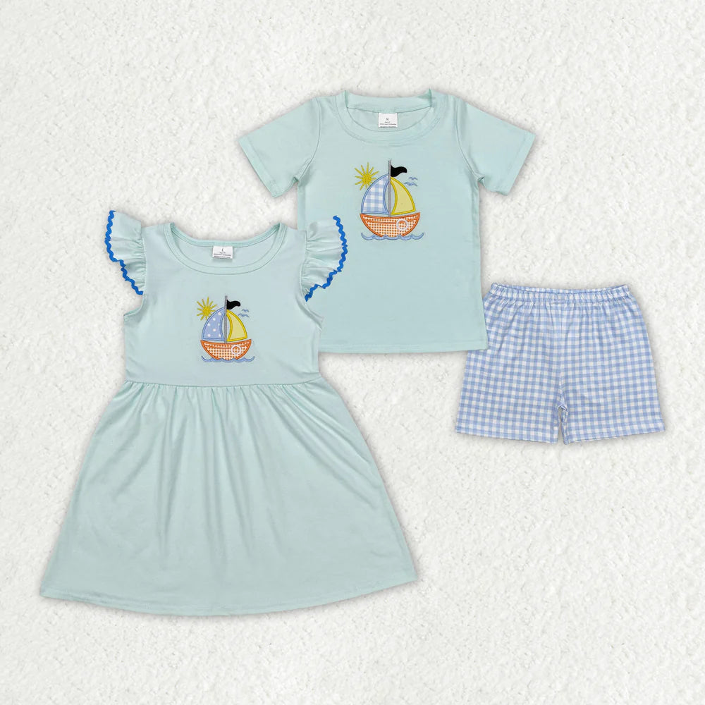 1.14 RTS Sibling Girls Baby Boys Sailboat Embroidery Summer Dresses Clothing Sets