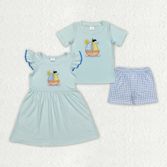 1.14 RTS Sibling Girls Baby Boys Sailboat Embroidery Summer Dresses Clothing Sets