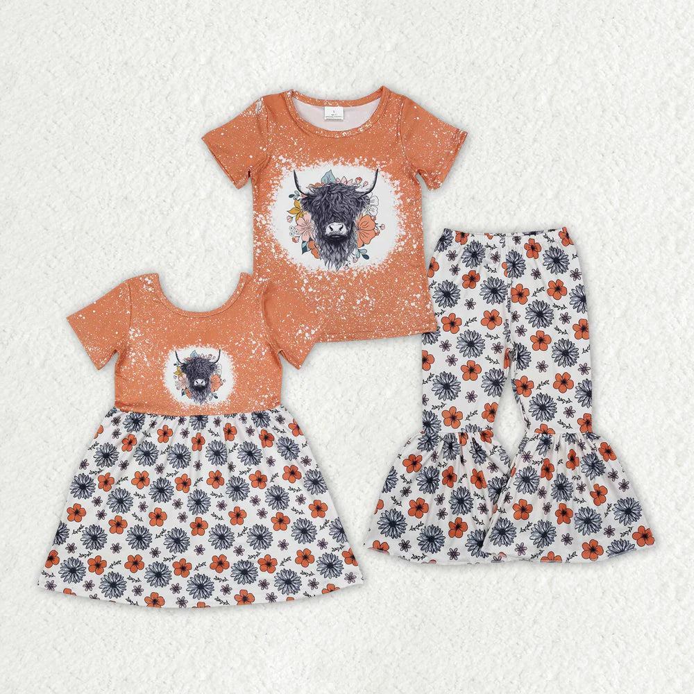 1.17 RTS Sibling Sisters Baby Girls Highland Cow Flowers Short Sleeve Dresses Clothes Sets