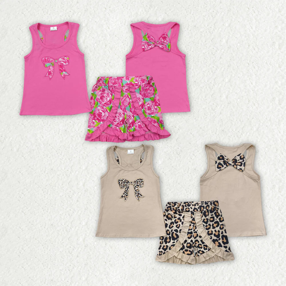 11.10 RTS Sibling Embroidery Baby Girls Flower Bow Vest Top Ruffle Shorts Clothes Sets