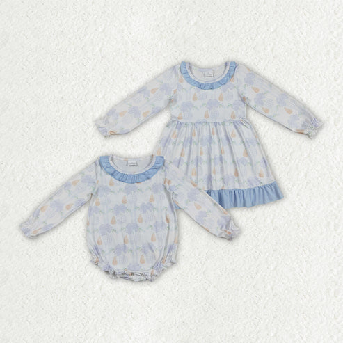 9.30 RTS Sibling Baby Girls Blue Pumpkins Flowers Fall Rompers Dresses