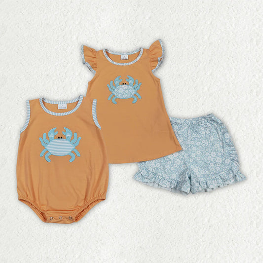 10.2 RTS Sibling Embroidery Baby Girls Orange Crab Rompers Outfits Sets