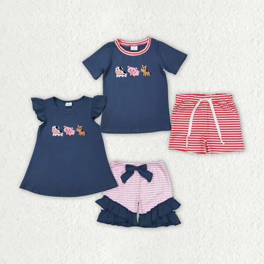 11.27 RTS Sibling Embroidery Boys Baby Girls Blue Farm Animals Summer Outfits