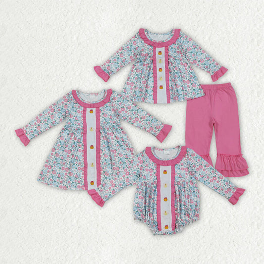 10.3 RTS Sibling Embroidery Baby Girls Floral Turkey Pumpkins Rompers Dresses Sets