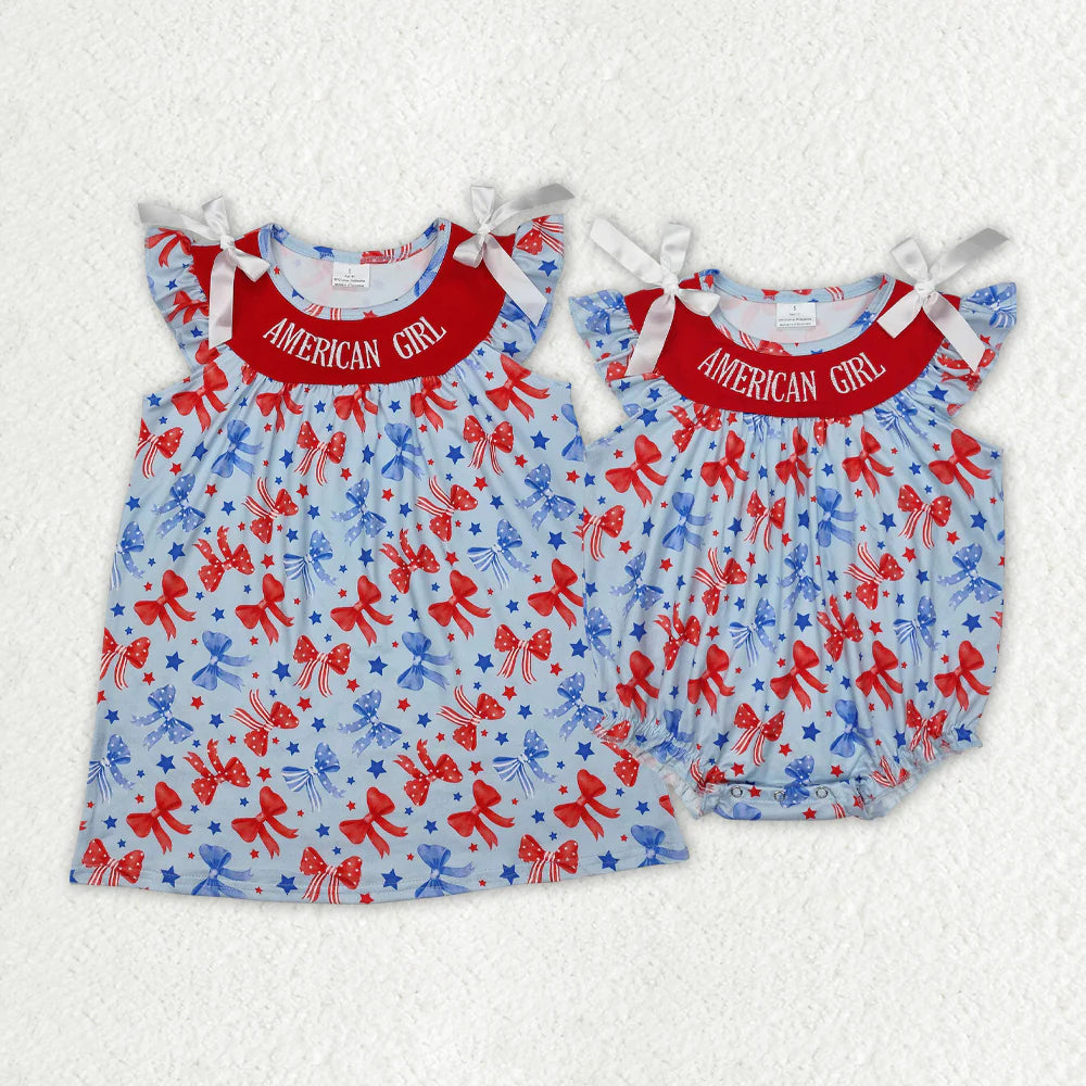 12.10 RTS Sibling Embroidery Baby Girls American Girl Bows Rompers Dresses