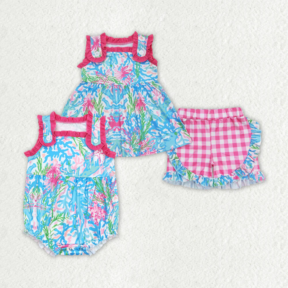 12.20 RTS Sibling Baby Girls Water Flowers Straps Rompers Outfits Sets