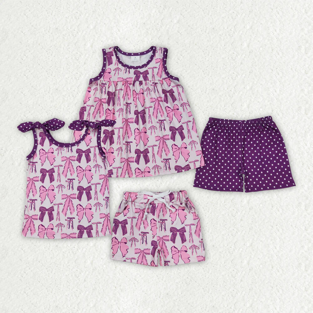 12.5 RTS Sibling Baby Girls Purple Bows Summer outfits Clothing Sets