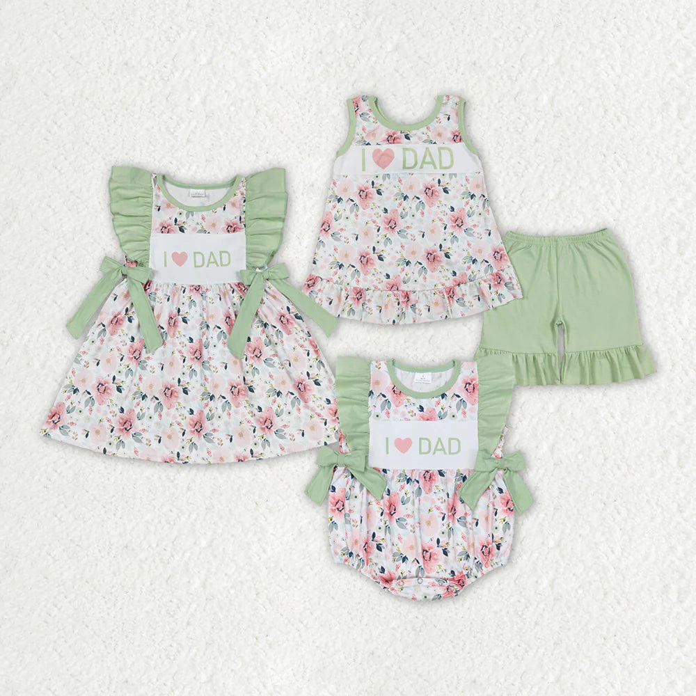 12.27 RTS Sibling Boys Baby Girls I Love Dad Green Flowers Rompers Dresses Outfits Suits