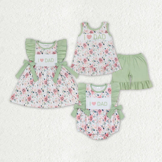12.27 RTS Sibling Boys Baby Girls I Love Dad Green Flowers Rompers Dresses Outfits Suits
