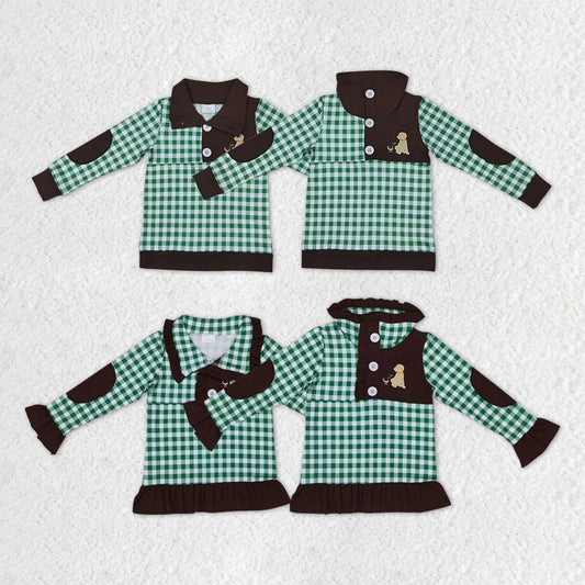 1.15 RTS Sibling Girls Baby Boys Hunting Green Checkered Pullover Tee Shirt Tops