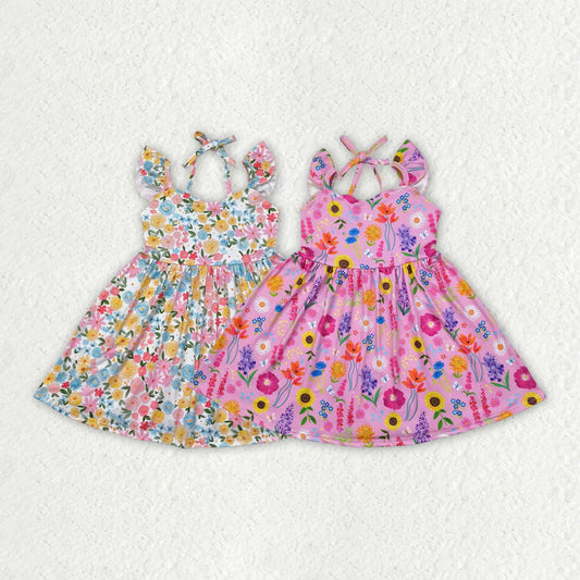 11.12 RST Sibling Baby Girls Flutter Sleeves Floral Backless Bow Knee Length Dresses