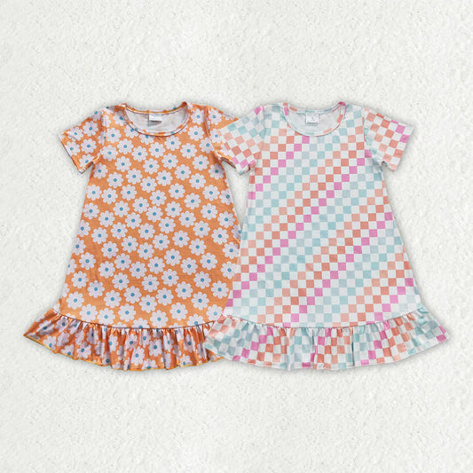11.29 RTS Sibling Baby Girls Flowers Checkered Short Sleeve Knee Length Dresses