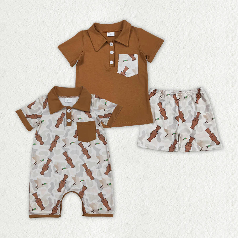 12.23 RTS Sibling Baby Boys Brown Duck Call Camouflage Rompers Clothes Sets