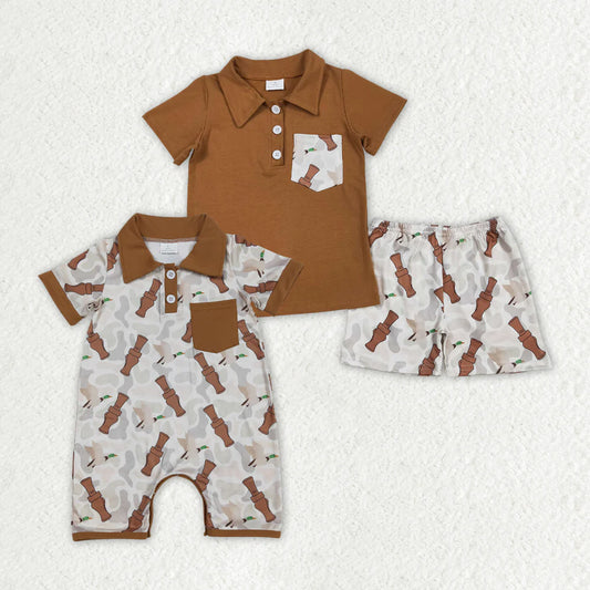 12.23 RTS Sibling Baby Boys Brown Duck Call Camouflage Rompers Clothes Sets