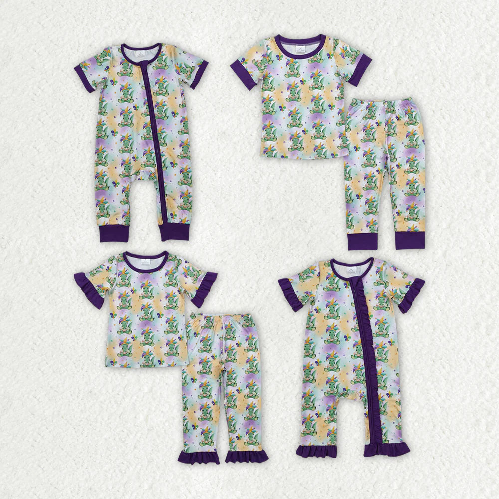 12.26 RTS Sibling Girls Baby Boys Mardi Gras Crocodile Rompers Pajamas Suits