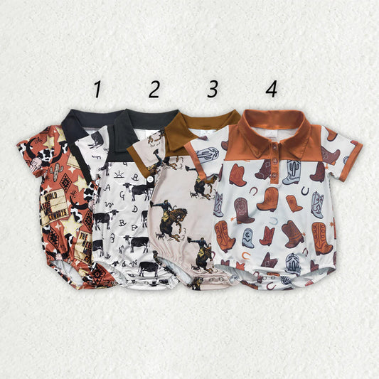 11.14 RTS Sibling Baby Boys Western Buttons Short Sleeve Rompers