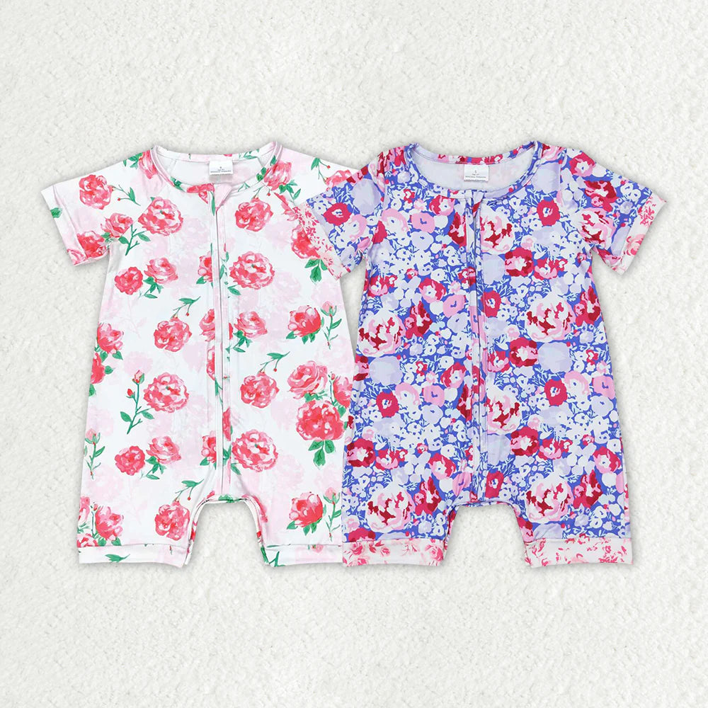 12.10 RTS Sibling Baby Infant Girls Flowers Zip Short Sleeve Rompers