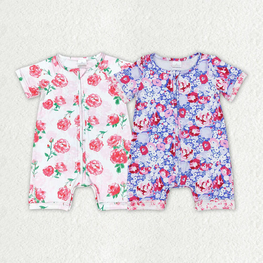 12.10 RTS Sibling Baby Infant Girls Flowers Zip Short Sleeve Rompers