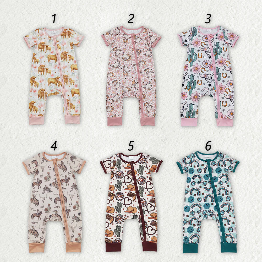 12.29 RTS Sibling Boys Baby Infant Girls Cows Short Sleeve Zip Rompers