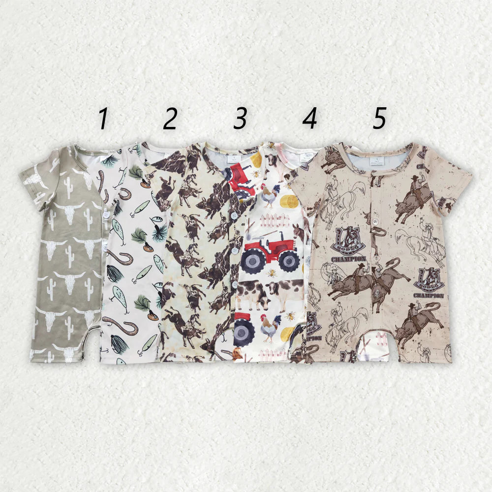 11.13 RTS Sibling Baby Boys Western Buttons Summer Rompers