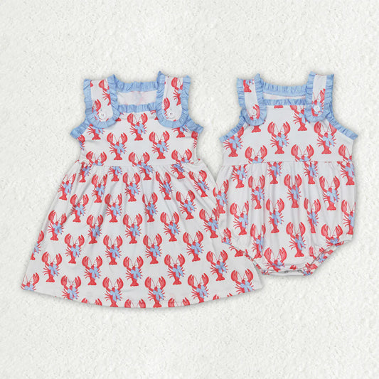 12.4 RTS Sibling Baby Girls Crawfish Bows Straps Rompers Dresses