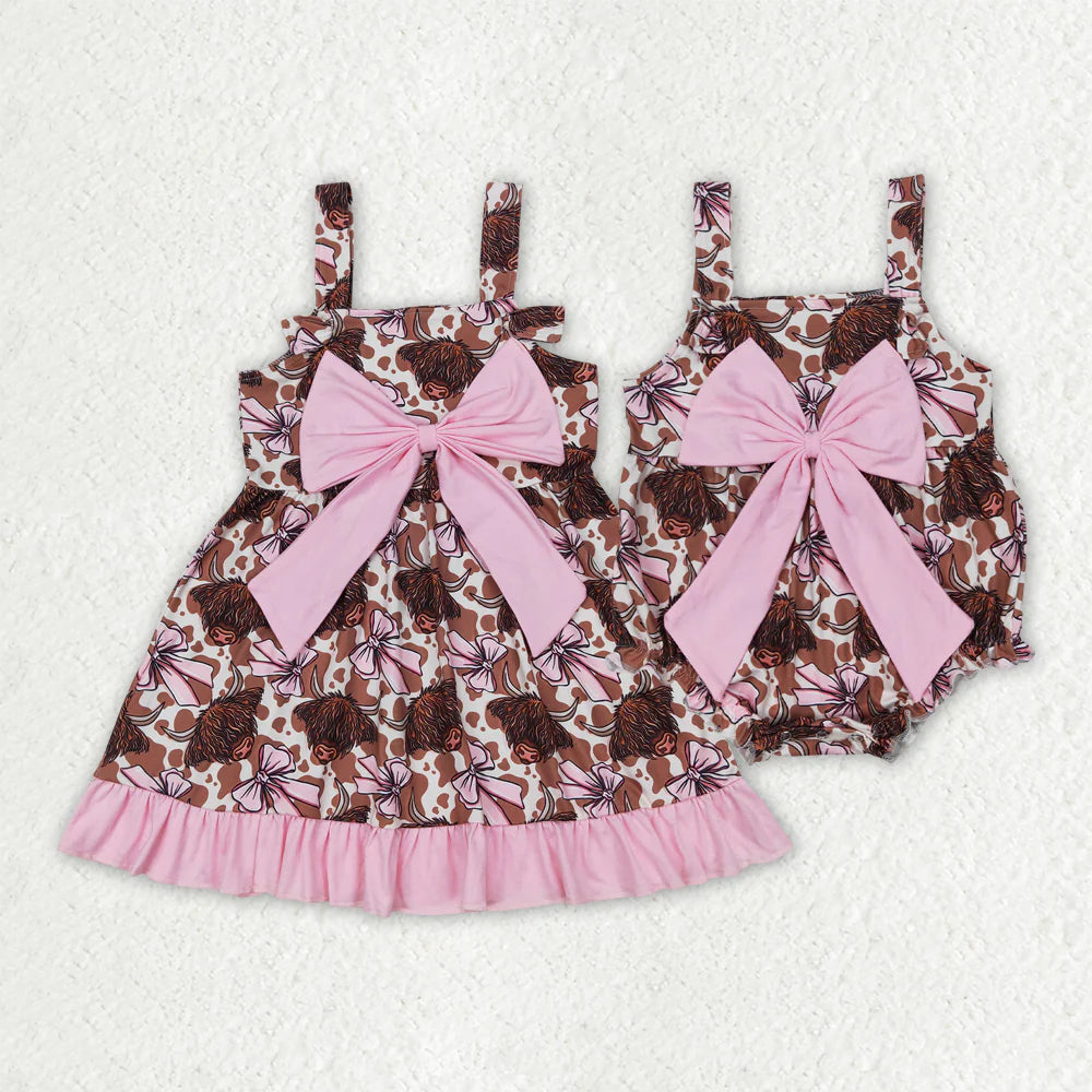 12.4 RTS Sibling Baby Girls Bows Highland Cows Rompers Dresses