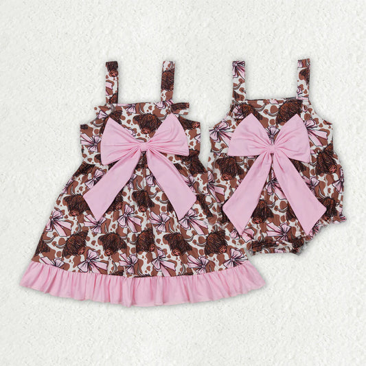 12.4 RTS Sibling Baby Girls Bows Highland Cows Rompers Dresses