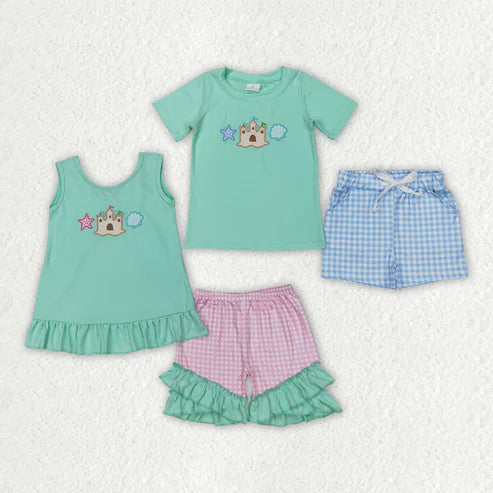 12.3 RTS Sibling Embroidery Baby Girls Castle Star Summer Outfits Sets