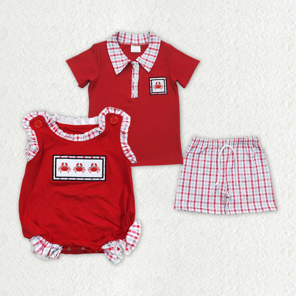 12.17 RTS Sibling Girls Embroidery Baby Boys Crab Red Rompers Clothes Sets