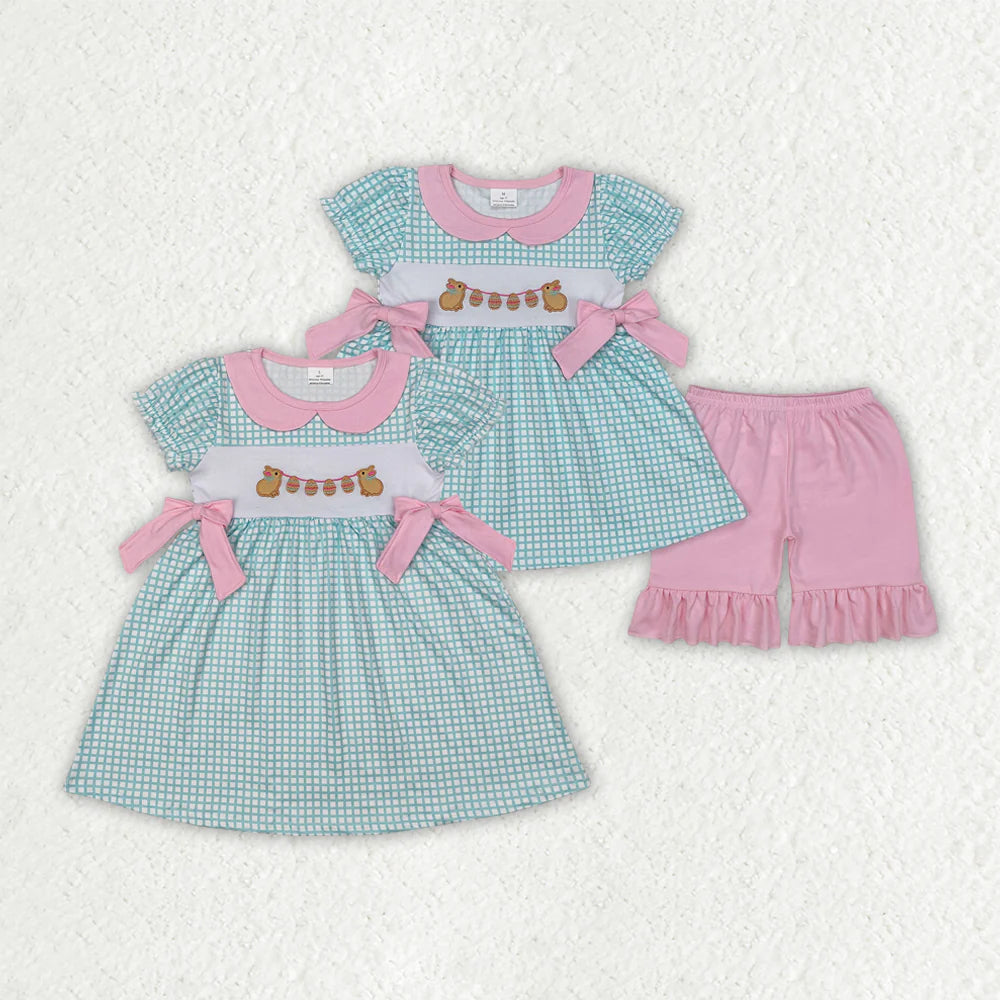 12.9 RTS Sibling Embroidery Baby Girls Easter Rabbits Dresses Outfits Sets