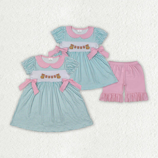12.9 RTS Sibling Embroidery Baby Girls Easter Rabbits Dresses Outfits Sets
