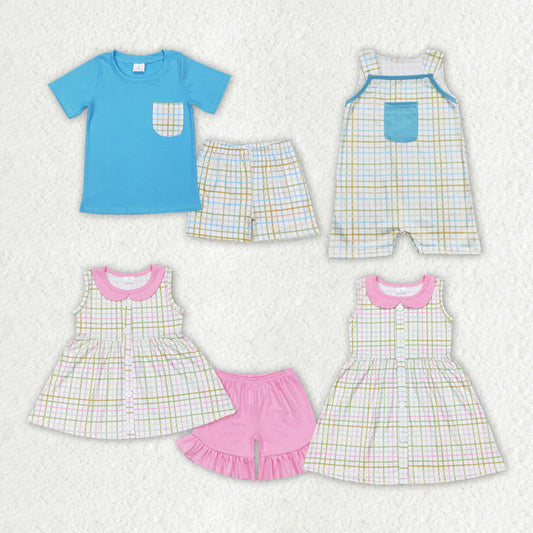 12.26 RTS Sibling Baby Girls Easter Green Pink Checkered Boys Clothes Suits