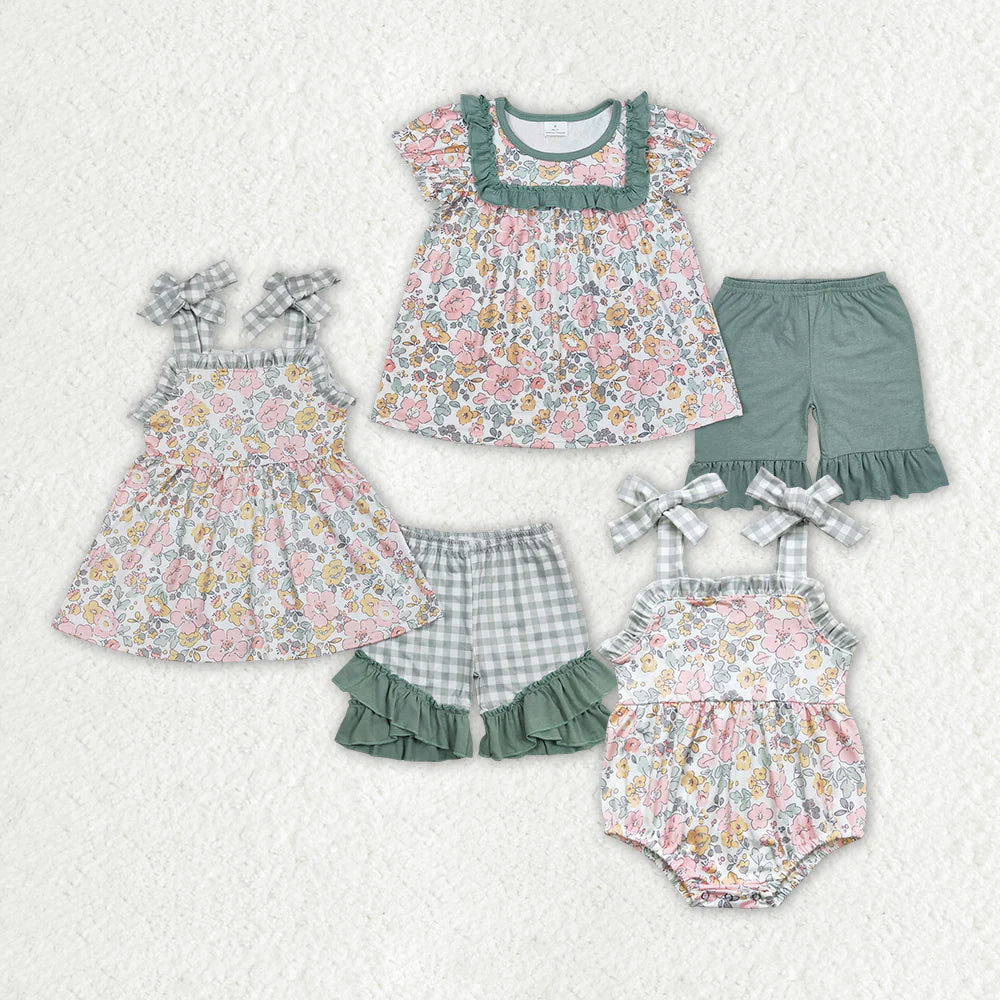 12.27 RTS Sibling Baby Girls Spring Green Pink Flowers Rompers Clothes Suits