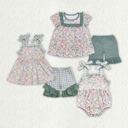 12.27 RTS Sibling Baby Girls Spring Green Pink Flowers Rompers Clothes Suits