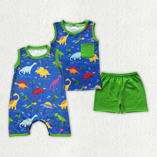 12.17 RTS Sibling Baby Boys Summer Sleeveless Dinosaur Rompers Clothes Sets