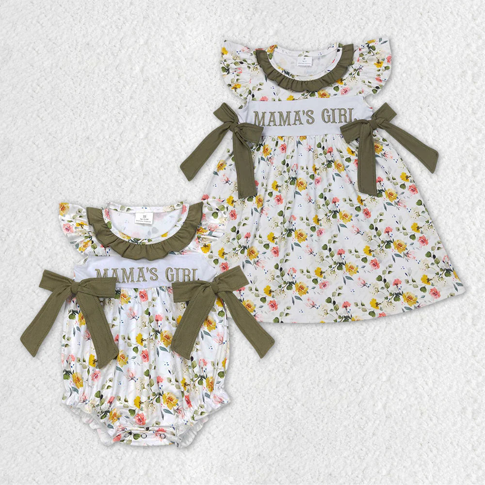12.26 RTS Sibling Mama's Girl Baby Girls Green Floral Bows Rompers Dresses