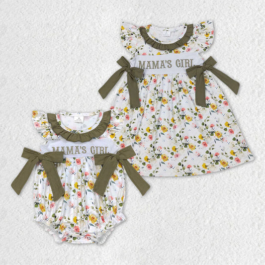 12.26 RTS Sibling Mama's Girl Baby Girls Green Floral Bows Rompers Dresses